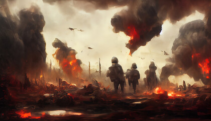 Soldiers after the war in battlefield. Digital Art Illustration Painting