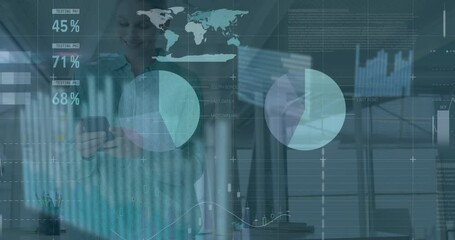 Poster - Animation of graphical strategic data over caucasian businesswoman using smart phone in office