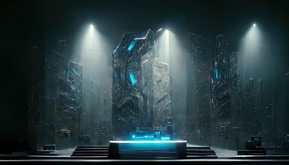 Leinwandbilder - A futuristic stage, with a podium in the center. Sci-Fi Futuristic Catwalk, Futuristic blue glowing showcase. Empty product stand for product presentation. 3d render