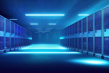 Poster - Data center. Abstract digital warehouse. Concept of big data storage and cloud hosting technology. 3d render