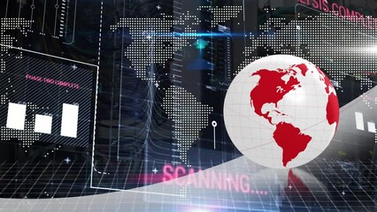 Poster - Animation of globe with moving lines and programming language, graphs over dots forming maps