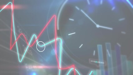 Poster - Animation of multicolored graph, clock, trading board over map in background