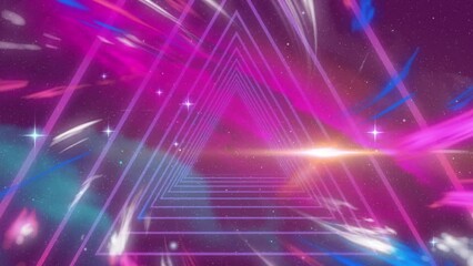 animation of looping triangles, multicolored flames and flares over stars and galaxy in background