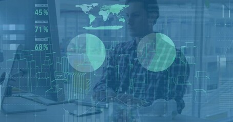 Poster - Animation of cityscape model and graphs over focused caucasian architect using desktop computer