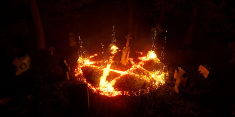 3d rendering. Halloween. Activation of a portal to summon a demon in an abandoned, old cemetery, in a forest thicket.