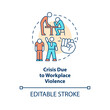 Crisis due to workplace violence concept icon. Beating employee. Type of crisis abstract idea thin line illustration. Isolated outline drawing. Editable stroke. Arial, Myriad Pro-Bold fonts used