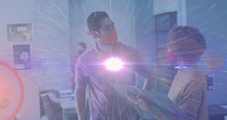 Wall Mural - Animation of pink light spot over diverse man and woman greeting by touching elbows at office