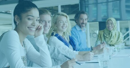 Poster - Animation of data processing over portrait of diverse male and female colleagues smiling at office