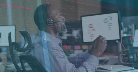 Poster - Animation of data processing over african american senior man talking on phone headset at office