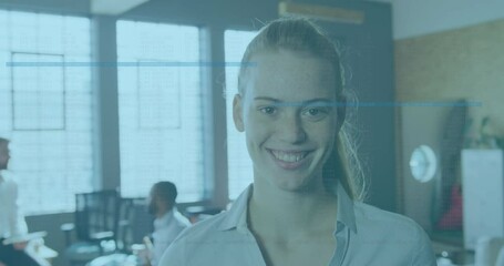 Poster - Animation of data processing against portrait of caucasian woman smiling at office