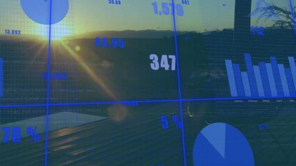 Poster - Animation of statistical data processing against sun shining through mountains