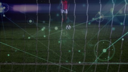 Poster - Animation of network of connections over mid section of male soccer player taking a penalty kick