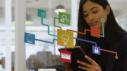 Poster - Animation of network of digital icons over biracial businesswoman using digital tablet at office