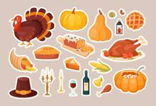 Thanksgiving Stickers. Vector Icon Set Of Autumn Elements With Roast Turkey, Cartoon Pumpkin Food, Wine, Candles, Pilgrim Hat, Pie. Happy Thanksgiving Day. Harvest Festival. Autumn Greeting Card