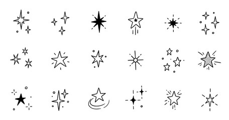 Aufkleber - Line star glitter shine of doodle set. Star shine glow, spark glitter, sparkle light vector illustration. Hand drawn sketch doodle style..