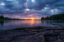 Sunrise Over Kattilakoski Rapids On Torne River During Midnight Sun, Sweden