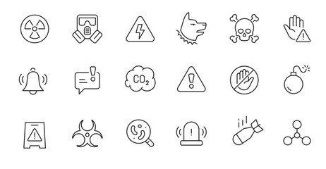 Wall Mural - danger warn attention icon set. line alert, caution, chemical biohazard icon. thin line editable str