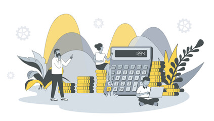 Poster - Business statistic concept in flat design with people. Man and woman calculating and analyze financial data, accounting and earnings money. Vector illustration with character scene for web banner