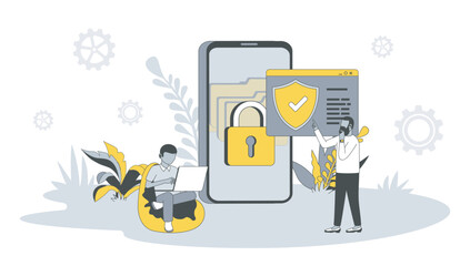 Aufkleber - Data protection concept in flat design with people. Men work in security service and protect online data from phishing and hacking in apps. Vector illustration with character scene for web banner