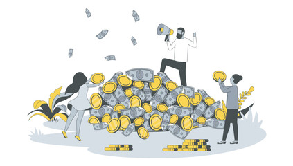 Poster - Finance concept in flat design with people. Woman and man earned lot of cash and coins, celebrate increase in profits and financial success. Vector illustration with character scene for web banner