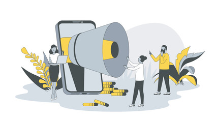 Poster - Marketing concept in flat design with people. Woman with megaphone making advertising campaign, attract new customers and convert into sales. Vector illustration with character scene for web banner