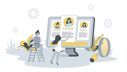 Wall Mural - recruiting concept in flat design with people. women hr managers looking for new vacancies, read onl
