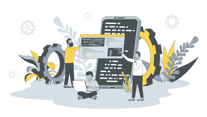 Aufkleber - Software development concept in flat design with people. Men writing, settings and testing code, developing programs and applications in team. Vector illustration with character scene for web banner