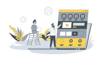 Aufkleber - Web development concept in flat design with people. Man and women create site layout, place blocks with content and buttons, working in team. Vector illustration with character scene for web banner