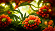 Digital art background fresh floral with Chrysanthemum flowers in red and orange, vibrant foliage