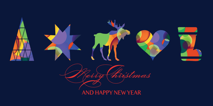 Text, Merry Christmas and Happy New Year with colorful X-mas elements. decorative Christmas ornaments 