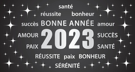 Wall Mural - Bonne année 2023 ! Carte de vœux noir et argenté en français. Bannière vectorielle.