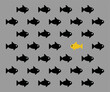 Fish swims against the current, swims in the other direction. Concept is against the crowd, against the herd, against everyone. Choose her own way. Vector premium illustration on dark background.