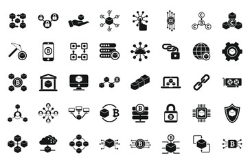 Poster - Block chain icons set simple vector. Crypto data