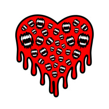 Red Bloody Heart With Vampire Fangs Teeth. Halloween Vector Ilustration.