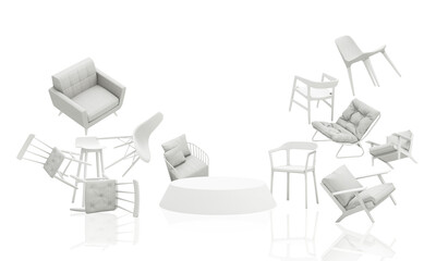 White chairs, sofa, loveseat, stool, and armchair in empty white background. with podium product stand for furniture Concept of minimalism & installation art. 3d rendering mock up PSD