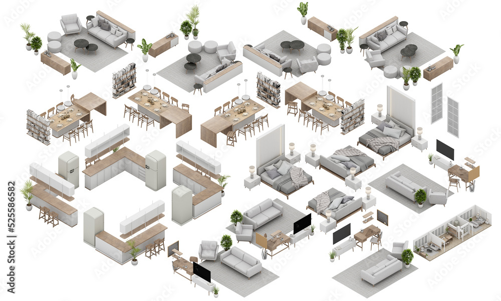 isometric of Interior wood furniture in the living dining bedroom and ...