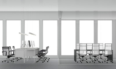 Poster - modern office working and meeting room interior with city view and daylight. Workplace design concept with carpet floor and office furniture in white and black color tone. 3D Rendering