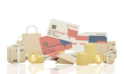 Wall Mural - Close up of shopping online design on credit card, levitating template mockup Bank credit card with online service isolated on pink background, digital coin, wallet, copy space 3d rendering PSD
