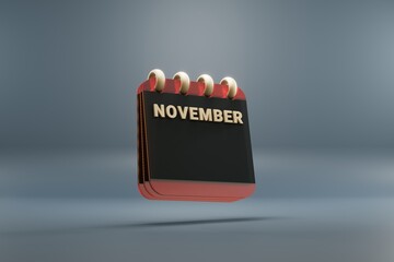 Poster - Standing black and red month lined desk calendar with date November. Modern design with golden elements, 3d rendering illustration. Blue gray background.