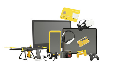 Poster - online shopping concept about electronics and gadgets in modern promotion period of new models consist of phone, vr, headphone, with drone and credit card on green background. realistic 3d rendering
