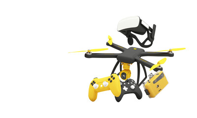 Poster - online shopping concept about electronics and gadgets in modern promotion period of new models consist of phone, vr, headphone, with drone and credit card on green background. realistic 3d rendering