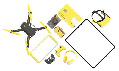 Poster - online shopping concept about electronics and gadgets in modern promotion period of new models consist of phone, vr, headphone, with drone and credit card on green background. realistic 3d rendering
