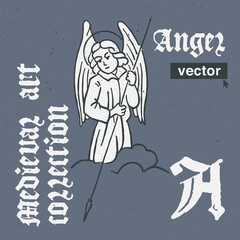 Wall Mural - Angel vector engraving style illustration. Medieval art with blackletter calligraphy.