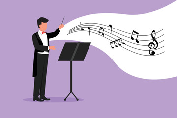 Sticker - Business flat cartoon style drawing man music conductor. Musician perform on stage directing symphony orchestra. Classical music performance, instrumental ensemble. Graphic design vector illustration