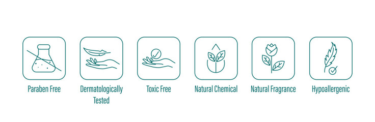 Poster - paraben free, dermatologically tested, toxic free, natural chemicals, hypoallergenic icon set vector illustration 