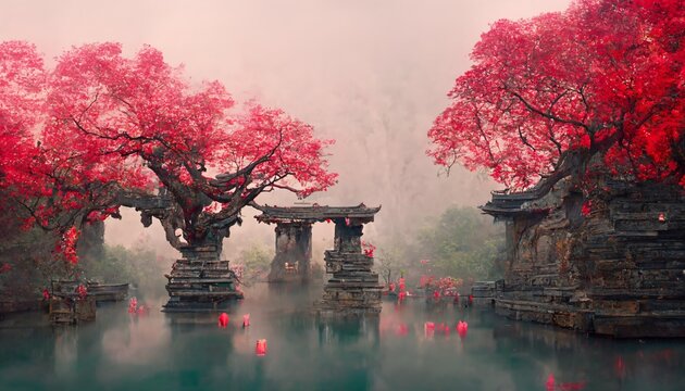 Wall Mural -  - Japanese landscape with Maple Tree ans Shinto Shrine