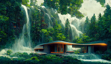 A Futuristic Cottage Middle Of A Dense Forest Digital Art Illustration Painting Hyper Realistic