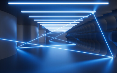 Neon lines and interior building scene, 3d rendering.