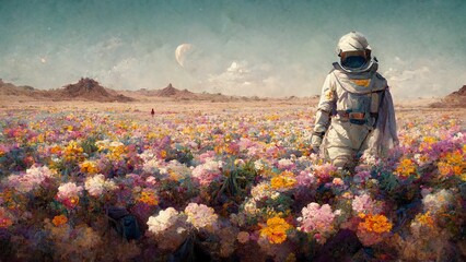 Poster - Beautiful painting of an astronaut in in a field of flowers on a different planet