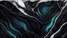 Abstract 4k Wallpaper. Liquid Fluid, Black Dark Marble, Obsidian, With Blue, Aqua, Teal Ripples. Modern Clean Backdrop. Textures, Textured Illustration With Ripples. 
